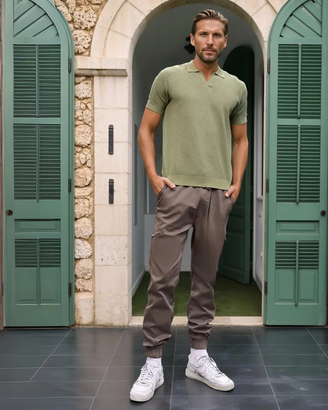 V-Collar Essential Polo Shirt - Green