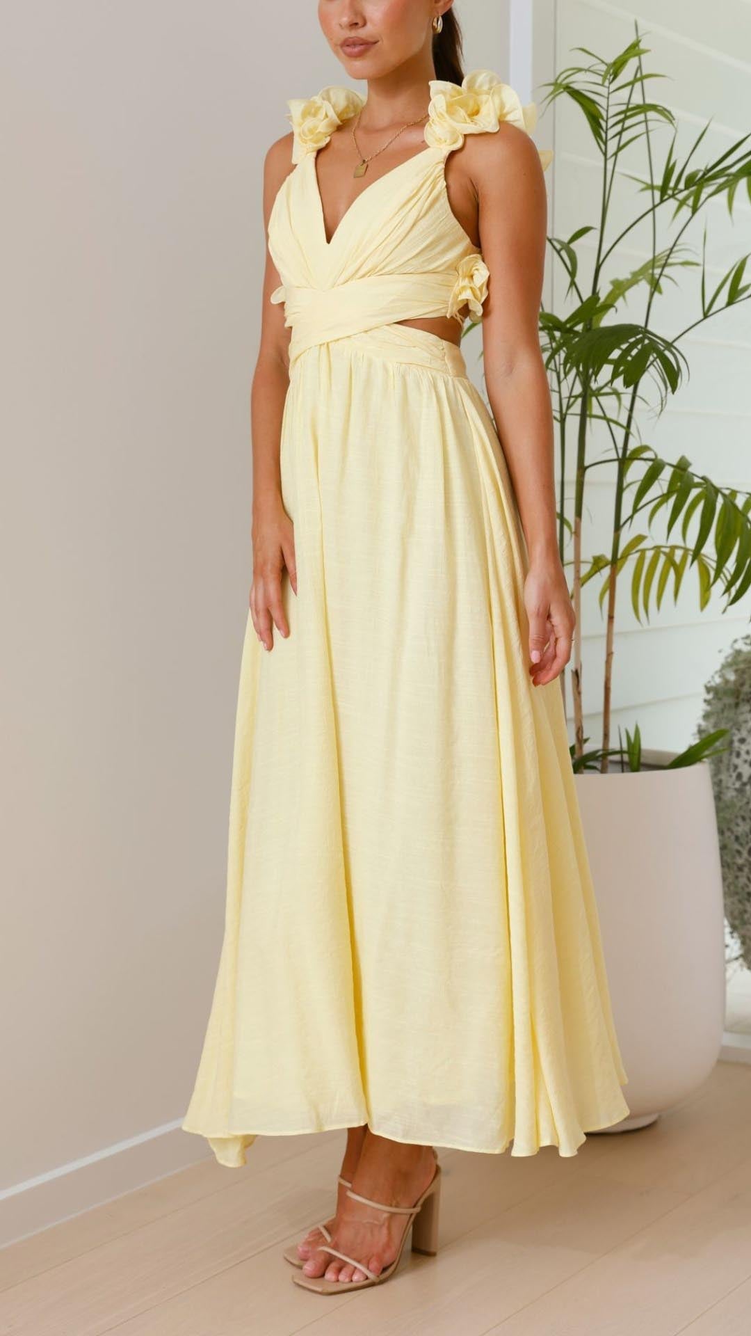 Zsófia® | Toperth Yellow Ruffle Strap V-Neck Maxi Dress