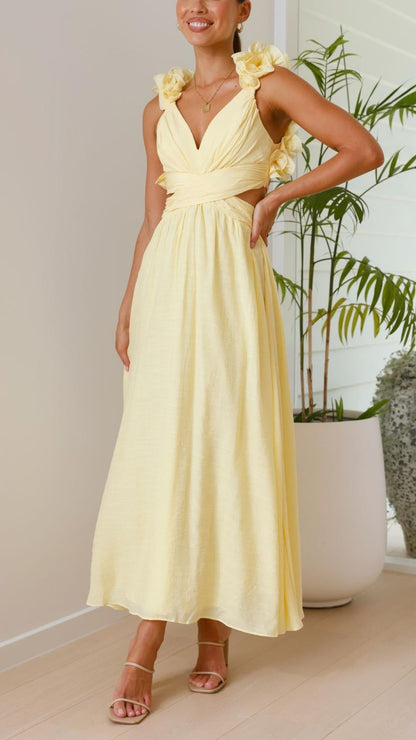 Zsófia® | Toperth Yellow Ruffle Strap V-Neck Maxi Dress