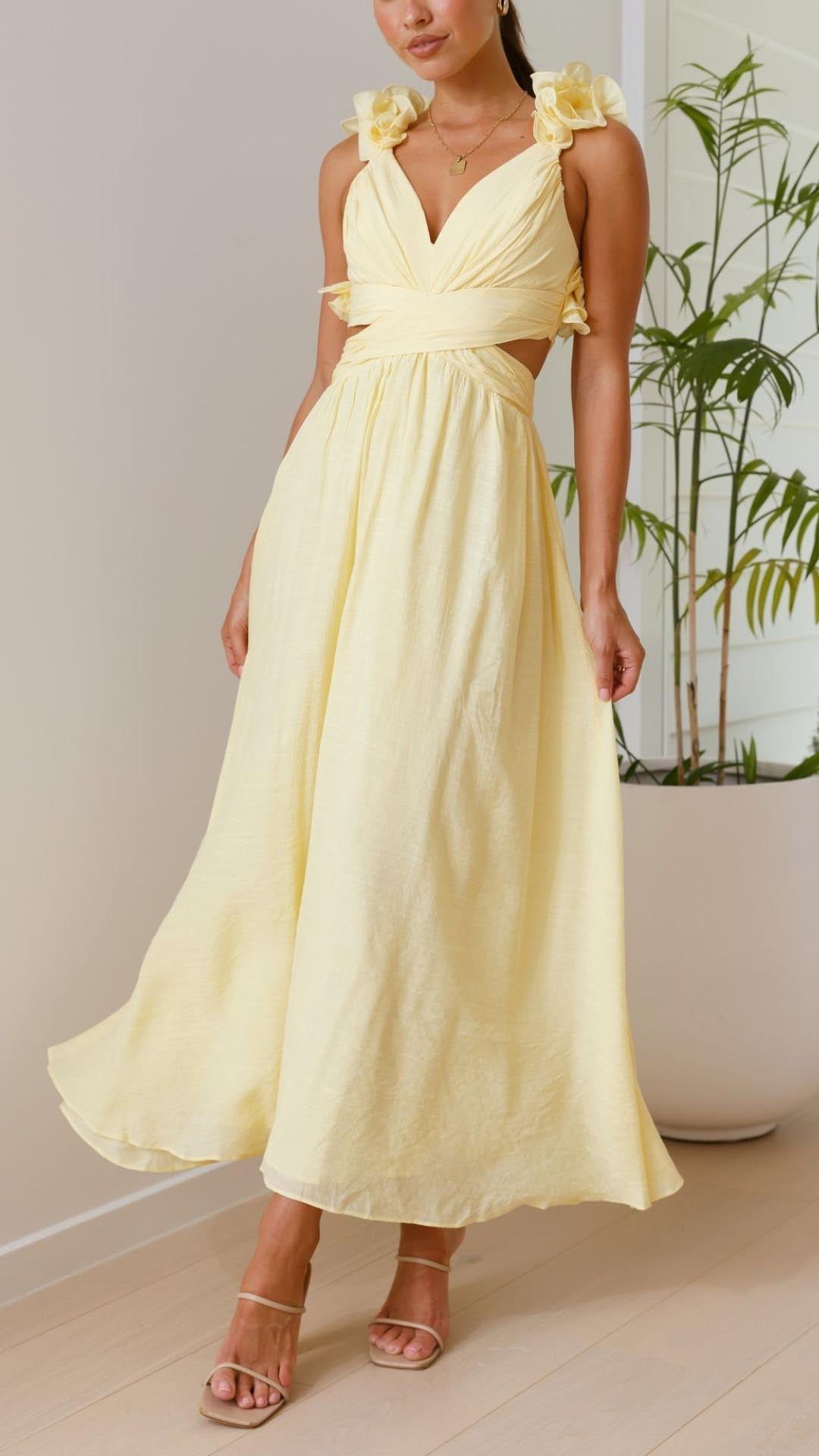 Zsófia® | Toperth Yellow Ruffle Strap V-Neck Maxi Dress