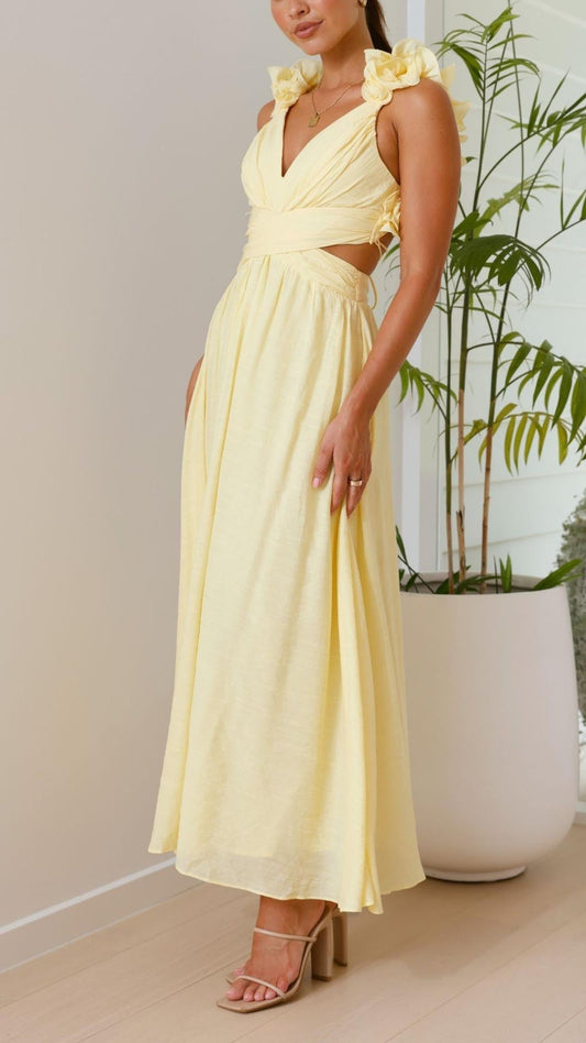 Zsófia® | Toperth Yellow Ruffle Strap V-Neck Maxi Dress