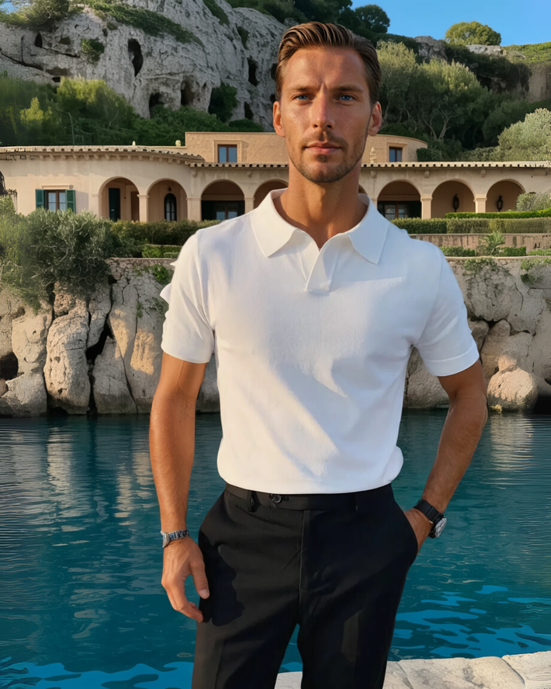 V-Collar Essential Polo Shirt - Black