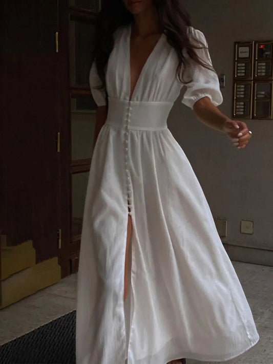 Irina® | Bubble Sleeves Frenchy Button Split Long Dress
