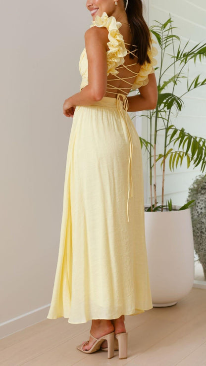 Zsófia® | Toperth Yellow Ruffle Strap V-Neck Maxi Dress
