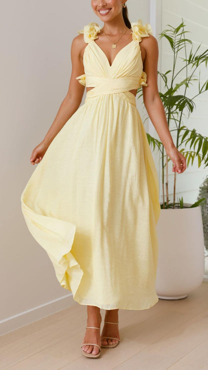 Zsófia® | Toperth Yellow Ruffle Strap V-Neck Maxi Dress