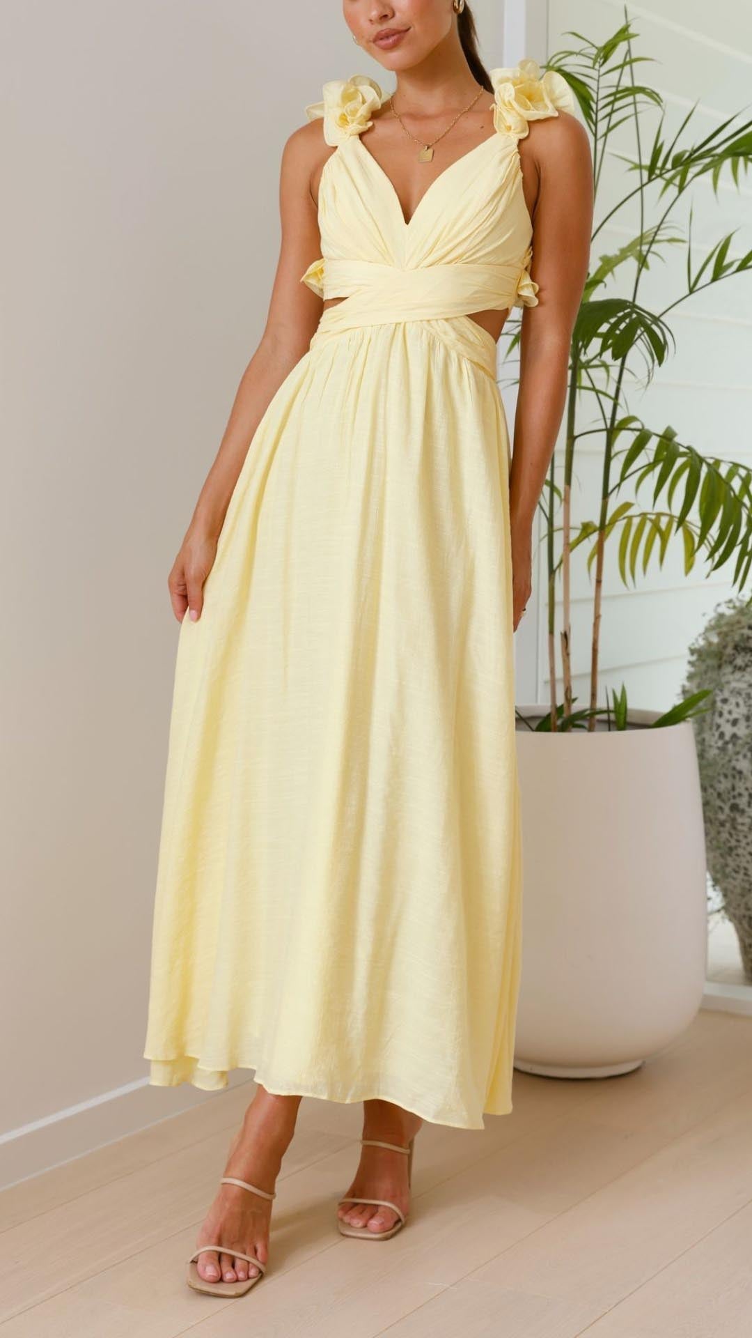 Zsófia® | Toperth Yellow Ruffle Strap V-Neck Maxi Dress